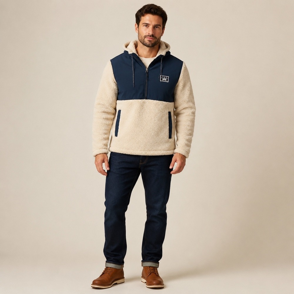 Hurley Mens Sherpa Fleece Quarter Zip Hoodie Navy Cream Colorblock Small